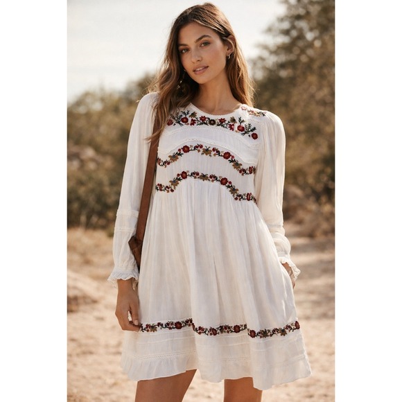 Free People Dresses & Skirts - Free People Pasadena Embroidered Mini Dress Long Sleeve Romantic Small